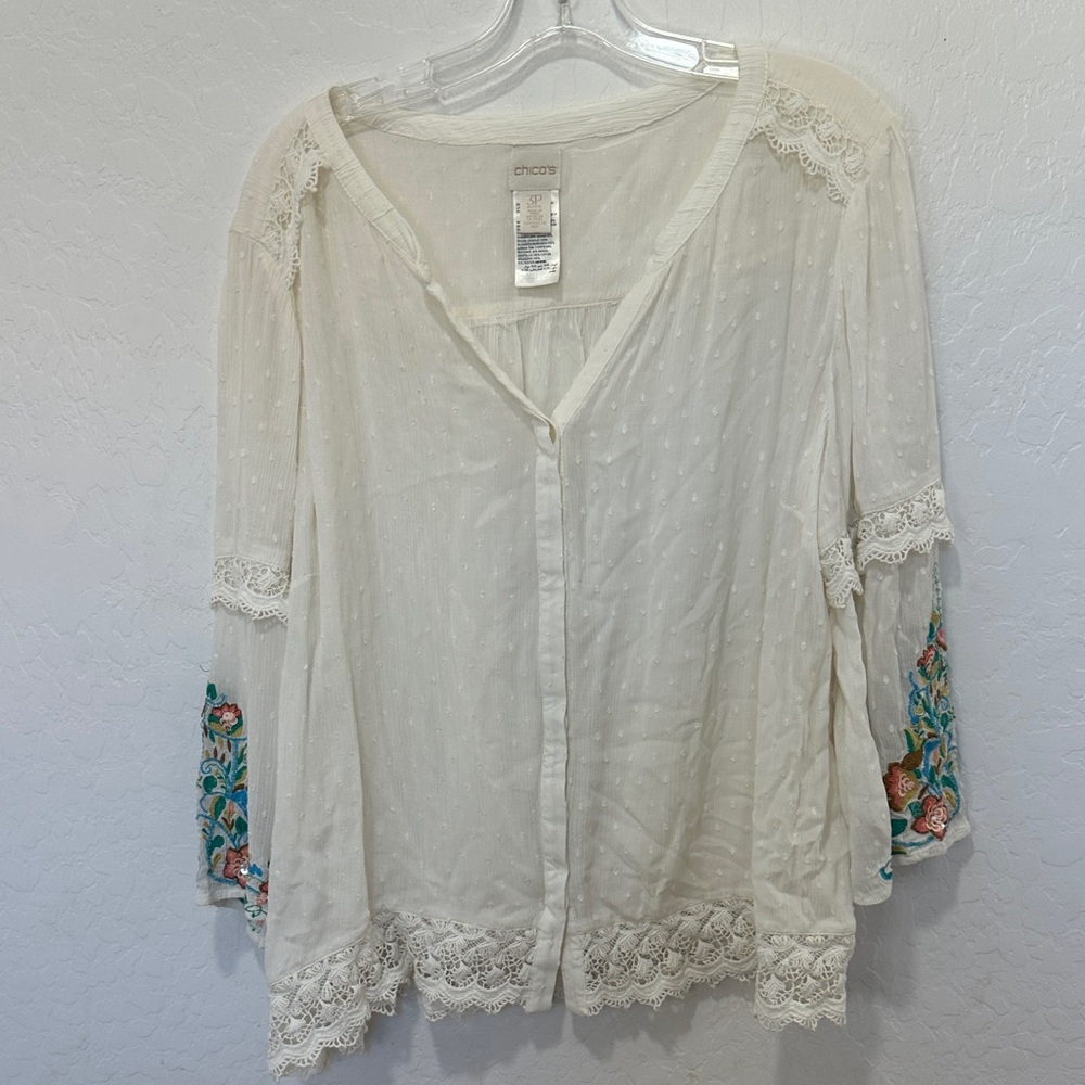 Chico's white Blouse Floral Embroidery Womens plus 3 XL petite Swiss blouse lace